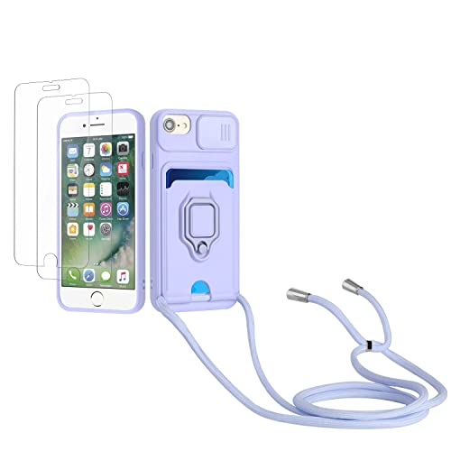 Kaslly Case für iPhone 6 Plus/6S Plus/7 Plus/8 Plus Handykette Hülle+[2 Schutzfolie Glas],Slide kameraschutz,Silikon Handyhülle zum Umhängen Kette,Kartenfach-Violett von Kaslly