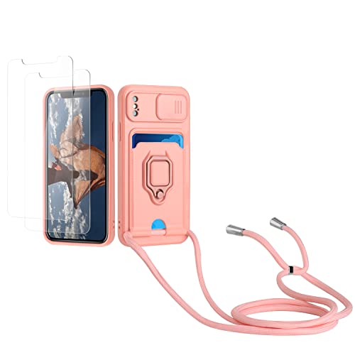 Kaslly Case für iPhone X/XS Handykette Hülle+[2 Schutzfolie Glas],Slide kameraschutz,Silikon Handyhülle zum Umhängen Kette,Kartenfach-Rosa von Kaslly