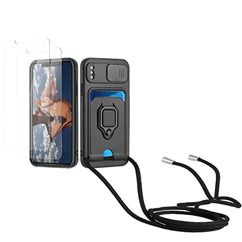 Kaslly Case für iPhone X/XS Handykette Hülle+[2 Schutzfolie Glas],Slide kameraschutz,Silikon Handyhülle zum Umhängen Kette,Kartenfach-Schwarz von Kaslly
