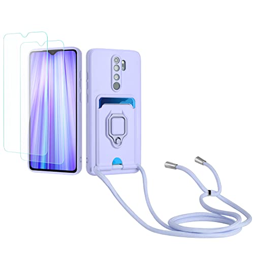 Kaslly Case für Redmi Note 8 Pro Handykette Hülle+[2 Schutzfolie Glas],Slide kameraschutz,Silikon Handyhülle zum Umhängen Kette,Kartenfach-Violett von Kaslly