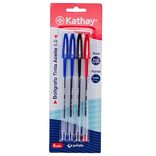 Kathay 86210299 Set mit 4 Stiften, Blau, Rot und Schwarz, Ölbasis, Spitze 1 mm, perfekt für Ihr Schul- und Büromaterial von Kathay