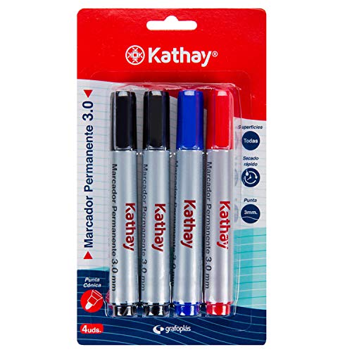 Kathay 86211699 Permanentmarker, Farben: Schwarz, Blau und Rot, Konische Spitze 3 mm, schnelltrocknend, alle Arten von Oberflächen von Kathay