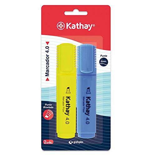 Kathay 86211998 Textmarker, gelb und blau, abgeschrägte Spitze 4 mm, 2 Stück von Kathay