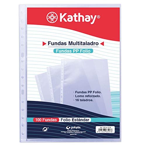 Kathay 86557000 Beutel mit 100 perforierten Hüllen, Foliogröße, 16 Bohrungen, Polypropylen, Standard, glatt von Kathay