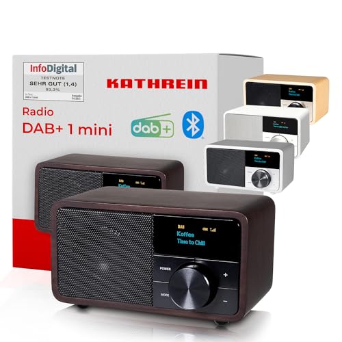 Kathrein DAB+ 1 Mini I DAB Plus Radio mit Akku I Digitalradio DAB+ & UKW mit Bluetooth, Aux 3,5mm I Küchenradio, Badradio I Tragbares Radio als Lautsprecher für Streaming I Retrodesign Holz dunkel von Kathrein