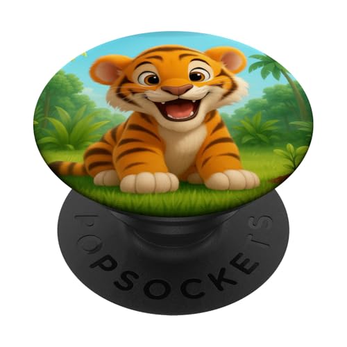 Niedlicher Tiger im Dschungel Kawaii Tiger lächelt glücklich PopSockets Klebender PopGrip von Kawaii Jungle Animals