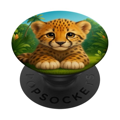 Niedliches Leopardenjunges im Dschungel Kawaii Leopard PopSockets Klebender PopGrip von Kawaii Jungle Animals