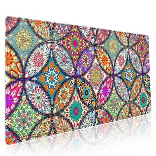 Buntes Mandala-Gaming-Mauspad, XXL, hübsches Boho-Bohème-Design, große Schreibtischunterlage, rutschfeste Gummiunterseite, genähter Rand, lange Tastatur-Mauspad für PC, Computer, Laptop, 90 x 40 cm Buntes Mandala-Gaming-Mauspad, XXL, hübsches Boho-Bohème-Design, große Schreibtischunterlage, rutschfeste Gummiunterseite, genähter Rand, lange Tastatur-Mauspad für PC, Computer, Laptop, 90 x 40 cm von Kawani