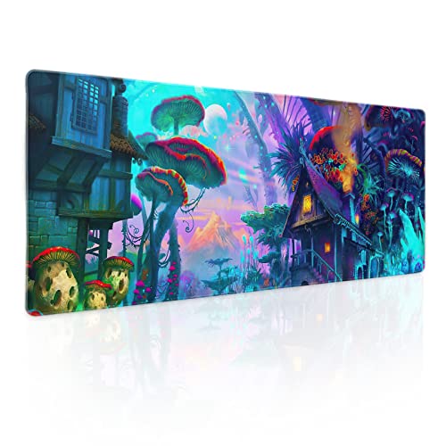 Fantasy Mushroom Gaming Mouse Pad XL Aesthetics Boho Fairy Tale House Extended Large Desk Cover Big Table Mat Non-Slip Rubber Base Stitched Edge Long Keyboard Playmat for Gamer,31.5×11.8 Inches von Kawani