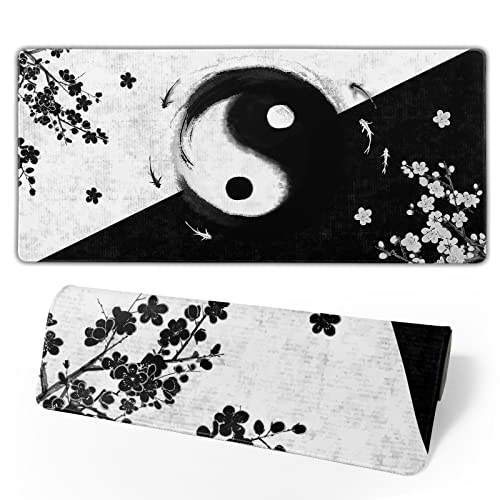 Gaming-Mauspad, Schwarz-Weiß, Kirschblüten-Mauspad, verlängerte genähte Kanten, Yin- und Yang-Koi-Fisch-Mauspad, Tastaturmatte, langes großes Gummi-Mauspad, 35.4x15.7 cm von Kawani