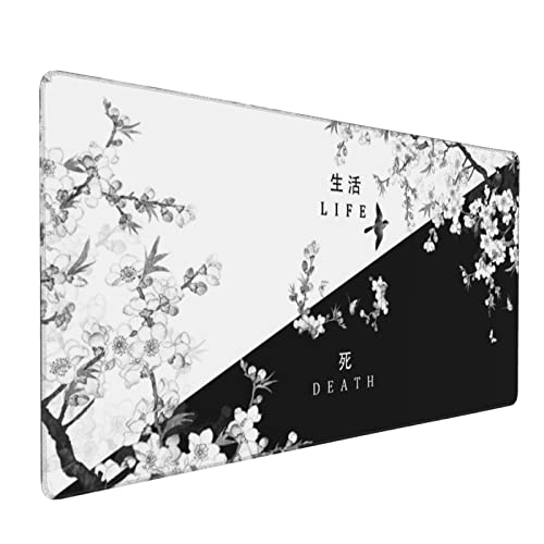 Großes XXL-Gaming-Mauspad, japanischer Sakura, Todesleben, verlängerte Schreibtischunterlage, rutschfeste Gummiunterseite, 90 x 40 cm, mit genähten Kanten, wasserdicht, komplette von Kawani