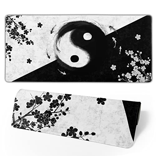Japanische Kunst Gaming-Mauspad – Schwarz / Weiß Yin Yang Kirschblüte großes Mauspad XL Schreibtischunterlage, verlängertes Mauspad, rutschfeste Gummiunterseite, Desktop-Pad 80 x 20 cm von Kawani