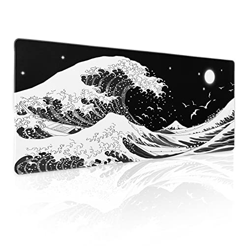 Gaming-Mauspad mit japanischen Wellen, Größe XL, Schwarz / Weiß, Meeresästhetischer Mond, erweiterte große Schreibtischabdeckung, große Tischmatte, rutschfeste Gummiunterseite, genähter Rand, langes Gaming-Mauspad mit japanischen Wellen, Größe XL, Schwarz / Weiß, Meeresästhetischer Mond, erweiterte große Schreibtischabdeckung, große Tischmatte, rutschfeste Gummiunterseite, genähter Rand, langes von Kawani