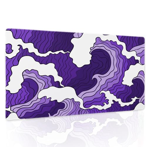 Japanisches Gaming-Mauspad mit violett-weißen Wellen, XL, Cartoon-Meeres-Textur, erweiterte große Schreibtischabdeckung, große Tischmatte, rutschfeste Gummiunterseite, genähte Kanten, lange Japanisches Gaming-Mauspad mit violett-weißen Wellen, XL, Cartoon-Meeres-Textur, erweiterte große Schreibtischabdeckung, große Tischmatte, rutschfeste Gummiunterseite, genähte Kanten, lange von Kawani