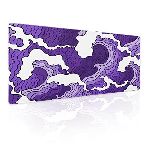 Japanisches Gaming-Mauspad mit violett-weißen Wellen, XL, Cartoon-Meeres-Textur, erweiterte große Schreibtischabdeckung, große Tischmatte, rutschfeste Gummiunterseite, genähter Rand, lange Japanisches Gaming-Mauspad mit violett-weißen Wellen, XL, Cartoon-Meeres-Textur, erweiterte große Schreibtischabdeckung, große Tischmatte, rutschfeste Gummiunterseite, genähter Rand, lange von Kawani