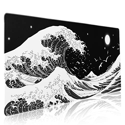 Japanisches Wellen-Mauspad, XXL, schwarz-weiß, Meeremon, ästhetischer Mond, erweiterte Schreibtischmatte, 90 x 40 cm, rutschfeste Gummiunterseite mit genähtem Rand, große Spielmatte für Tastatur, Japanisches Wellen-Mauspad, XXL, schwarz-weiß, Meeremon, ästhetischer Mond, erweiterte Schreibtischmatte, 90 x 40 cm, rutschfeste Gummiunterseite mit genähtem Rand, große Spielmatte für Tastatur, von Kawani