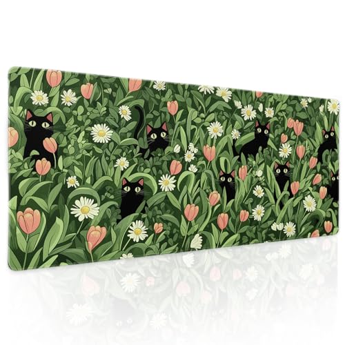 Kawaii Gaming-Mauspad mit grünen Pflanzen, XL, niedliche schwarze Katze, Blume, Cottagecore, erweiterte große Schreibtischunterlage, rutschfeste Gummiunterseite, genähter Rand, lange Tastatur-Mauspad Kawaii Gaming-Mauspad mit grünen Pflanzen, XL, niedliche schwarze Katze, Blume, Cottagecore, erweiterte große Schreibtischunterlage, rutschfeste Gummiunterseite, genähter Rand, lange Tastatur-Mauspad von Kawani