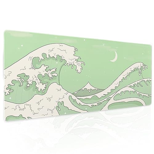 Matcha Green White Japanese Anime Gaming Mouse Pad XL Cute Kawaii Sage Aesthetic Wave Extended Large Desk Mat Non-Slip Rubber Base Stitched Edge Keyboard Mousepad for PC Office Laptop, 31.5×11.8 inch von Kawani