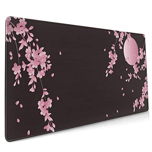 Sakura Cherry Blossom Gaming-Mauspad, rutschfeste Gummiunterseite, Pink, groß, 80 x 40 cm, mit genähtem Rand, wasserdichte Tastatur-Pads mit Blumenmuster, schwarz, für Arbeit/Spiel/Büro von Kawani