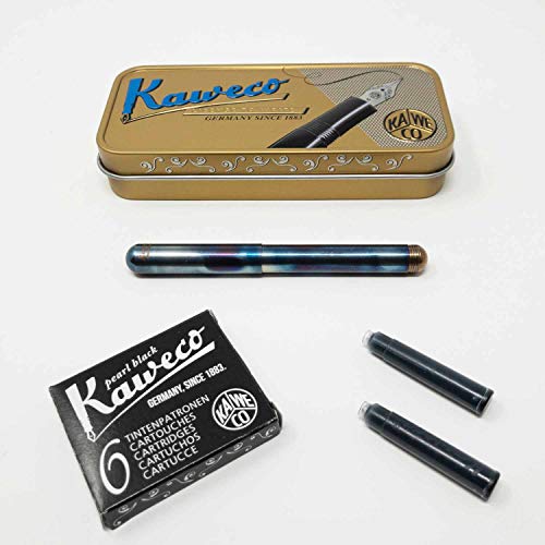 Kaweco Liliput Füller Edelstahl Fireblue | Federstärke F | Im Set mit sechs Orignal Tintenpatronen Farbe schwarz von Kaweco