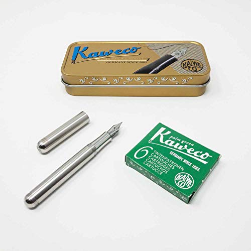 Kaweco Liliput Füller aus Edelstahl | Füllhalter mit Federstärke M | Set mit 6 Tintenpatronen Füllfederhalter in Taschengröße Tintenpatronen in Grün GRATIS von Kaweco