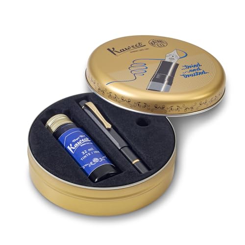 Kaweco PISTON SPORT AL Black/Gold Starter Set I Klassischer Aluminium Kolbenfüllhalter zum Aufziehen von Tinte inkl. 32 ml Tintenglas Königsblau in Retro-Dose 13 cm I Federbreite: B (Breit) von Kaweco