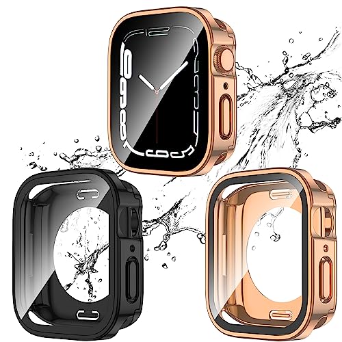 Kawoco 2 Stück Wasserdicht Hülle für Apple Watch 40mm Series 6/5/4/SE mit Tempered Glass Displayschutz, 360° Rundum PC 2 in 1 Front & Rückseite Gehäuse Schutzhülle für iWatch 40mm Schwarz/Roségold von Kawoco