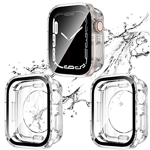 Kawoco 2 Stück Wasserdicht Hülle für Apple Watch 41mm Series 9/8/7 mit Tempered Glass Displayschutz, 360° Rundum PC 2 in 1 Front & Rückseite Gehäuse Schutzhülle für iWatch 41mm Klar/Klar von Kawoco