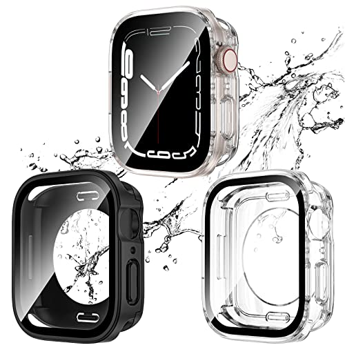 Kawoco 2 Stück Wasserdicht Hülle für Apple Watch 41mm Series 9/8/7 mit Tempered Glass Displayschutz, 360° Rundum PC 2 in 1 Front & Rückseite Gehäuse Schutzhülle für iWatch 41mm Schwarz/Klar von Kawoco