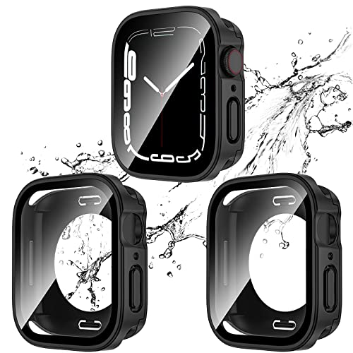 Kawoco 2 Stück Wasserdicht Hülle für Apple Watch 44mm Series 6/5/4/SE mit Tempered Glass Displayschutz, 360° Rundum PC 2 in 1 Front & Rückseite Gehäuse Schutzhülle für iWatch 44mm Schwarz/Schwarz von Kawoco