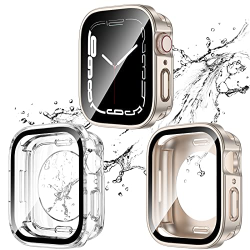 Kawoco 2 Stück Wasserdicht Hülle für Apple Watch 44mm Series 6/5/4/SE mit Tempered Glass Displayschutz, 360° Rundum PC 2 in 1 Front & Rückseite Gehäuse Schutzhülle für iWatch 44mm Klar/Sternenlicht von Kawoco