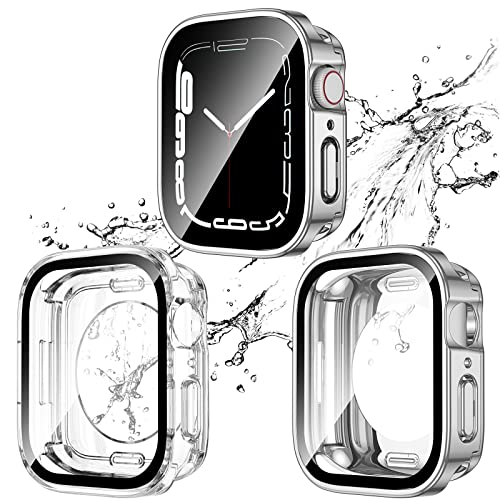 Kawoco 2 Stück Wasserdicht Hülle für Apple Watch 44mm Series 6/5/4/SE mit Tempered Glass Displayschutz, 360° Rundum PC 2 in 1 Front & Rückseite Gehäuse Schutzhülle für iWatch 44mm Klar/Silber von Kawoco