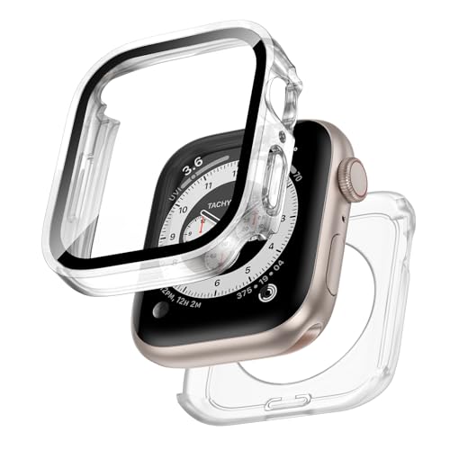 Kawoco 2 in 1 Wasserdicht Hülle für Apple Watch 41mm Series 9/8/7 mit Tempered Glass Displayschutz, 360° Rundum PC Front & Rückseite Gehäuse Schutzhülle für iWatch 41mm Durchsichtig von Kawoco
