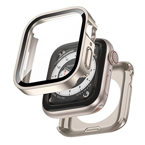 Kawoco 2 in 1 Wasserdicht Hülle für Apple Watch 41mm Series 9/8/7 mit Tempered Glass Displayschutz, 360° Rundum PC Front & Rückseite Gehäuse Schutzhülle für iWatch 41mm Sternenlicht von Kawoco