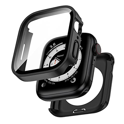 Kawoco 2 in 1 Wasserdicht Hülle für Apple Watch 44mm Series 6/5/4/SE mit Tempered Glass Displayschutz, 360° Rundum PC Front & Rückseite Gehäuse Schutzhülle für iWatch 44mm Schwarz von Kawoco