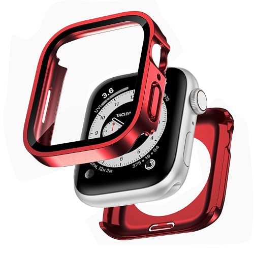 Kawoco 2 in 1 Wasserdicht Hülle für Apple Watch 45mm Series 9/8/7 mit Tempered Glas Displayschutz, 360° Rundum PC Front & Rückseite Gehäuse Schutzhülle für iWatch 45mm Rot von Kawoco