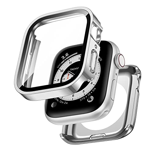 Kawoco 2 in 1 Wasserdicht Hülle für Apple Watch 45mm Series 9/8/7 mit Tempered Glass Displayschutz, 360° Rundum PC Front & Rückseite Gehäuse Schutzhülle für iWatch 45mm Silber von Kawoco