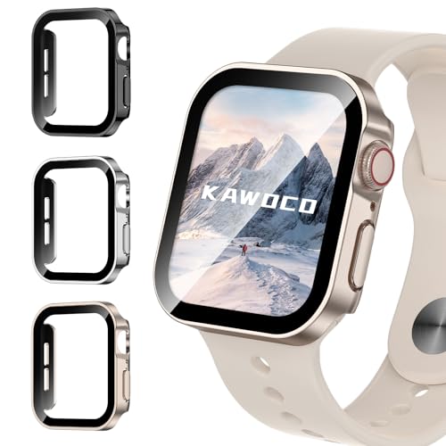 Kawoco 3 Pack wasserdichte Hülle für Apple Watch Series 9 8 7 41mm, gerade Kante, harte PC-Abdeckung mit gehärtetem Glas Displayschutzfolie, schützender Stoßfänger für iWatch Hülle 41mm von Kawoco