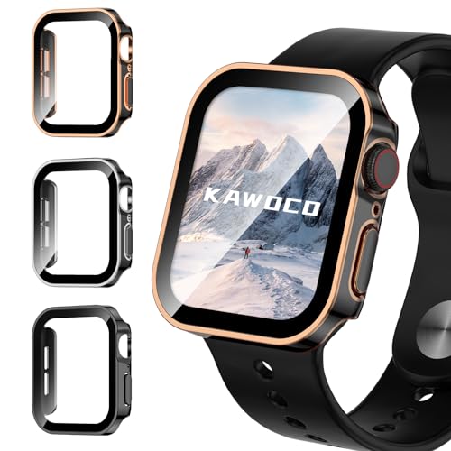 Kawoco Wasserdichte Schutzhülle für Apple Watch Serie 9 8 7 45 mm, gerade Kante, harte PC-Abdeckung mit gehärtetem Glas Displayschutzfolie, schützender Stoßfänger für iWatch-Hülle, Schwarz von Kawoco