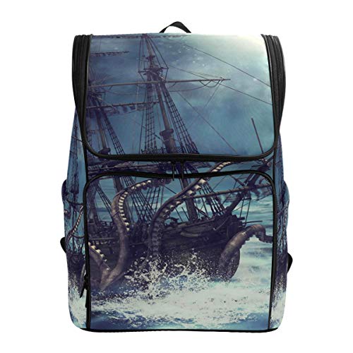 Rucksack für Damen und Herren, Motiv: Oktopus, Piratenschiff, wasserdicht, Schultertasche, Gym, Tier-Mond, Laptop-Tasche von Kcldeci