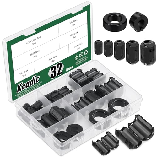 Keadic 32Pcs Clip-on Ferritring Kern RFI EMI Rauschunterdrücker Kabel Clip Set, Anti-Interferenz Kabel Clip für 3.5/5/7/9/13/15/16mm r Telefone Tvs Lautsprecher Radio AudioInnendurchmesse von Keadic