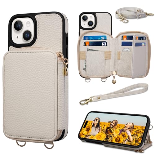 Keallce Schutzhülle für iPhone 15 2023, kompatibel mit iPhone 15, 15,5 cm (6,1 Zoll), Crossbody-Reißverschluss mit RFID-blockierenden Kartenfächern, Ständer, Umhängeband und Handschlaufe, Lederhülle, von Keallce