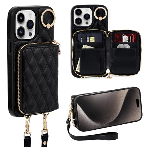 Keallce Schutzhülle für iPhone 15 Pro Max, 17,5 cm (6,7 Zoll), Crossbody-Reißverschluss, Handtasche, Armband für Damen, RFID-blockierende Kartenhalter, 360°-Ring-Ständer, Flip-Lederschutzhülle für von Keallce