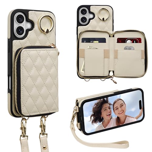 Keallce Schutzhülle für iPhone 16 Plus, 17,5 cm (6,7 Zoll), Crossbody-Reißverschluss, Geldbörse mit Handgelenk, RFID-blockierende Kartenhalter, 360°-Ring-Ständer, Klapphülle aus Leder für iPhone 16 von Keallce
