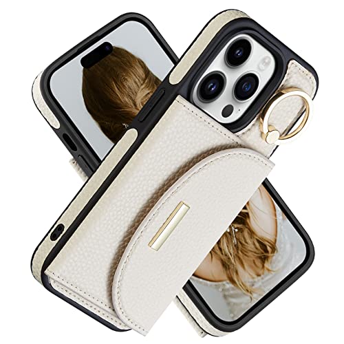 Keallce für iPhone 14 Pro Hülle, Handyhülle iPhone 14 Pro, Ledertasche mit Kartenhalter, 360° drehbarer Ringständer, Schutzhülle für iPhone 14 Pro, 6,1 Zoll Beige von Keallce