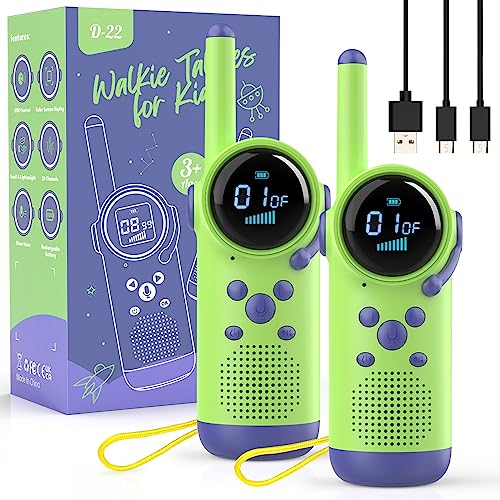 Geschenk Junge Mädchen 3 4 5 6 7 8 Jahre, Kearui Walkie Talkie Kinder Aufladbar, Funkgeräte Kinder Outdoor Spielzeug mit 8 Kanäle, LED Taschenlampe, VOX Funktion für Abenteuer, Camping(Grün Lila) von Kearui