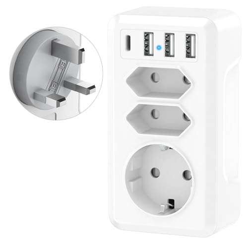 7 in 1 Reiseadapter UK Adapter, Reisestecker Adapter England Deutschland Stecker mit 1 USB C & 3USB, EU to UK Adapter Steckdose Steckdosenadapter England Reiseadapter Type G für Irland Dubai,Malediven von Keasen