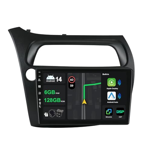 KECONSING [6G+128G] IPS 9" Android 14 Autoradio Für Honda Civic 2006-2011 mit navi Octa Core-[Eingebauter 4G LTE/DAB+/CarPlay/Android Auto/DSP/GPS/Bluetooth 5.0/WLAN/USB/AHD/360 Camera von Keconsing