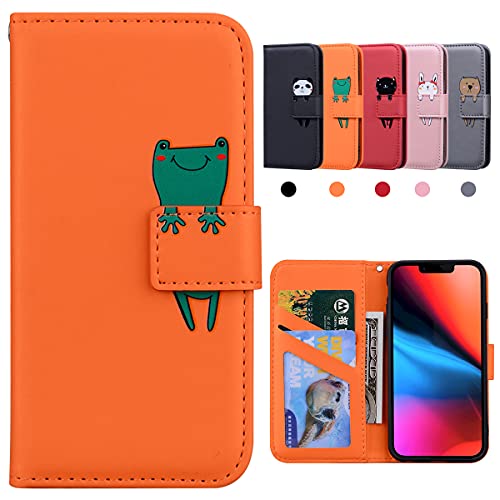 Handyhülle iPhone 13 Mini, iPhone 13 Mini Case,Stoßfeste Schutzhülle, iPhone 13 Mini Hülle Apple, Hülle iPhone 13 Mini, Flip Wallet Karikatur iPhone Hülle für iPhone 13 Mini(5,4"),Frosch, Orange von Kedic