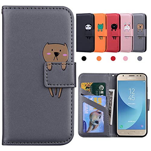 Hülle für Samsung Galaxy J7 (2017) DUOS - Cover Flip Tasche mit Ständer und Kartenfächer , Karikatur Stoßfeste Schutzhülle (5,5 Zoll / SM-J730)-Bär, Grau von Kedic